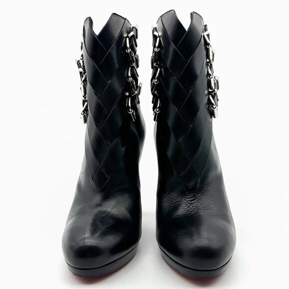 CHRISTIAN LOUBOUTIN Troop 120 Black Leather Boots Size 37 Buckle Booties - Picture 6 of 9